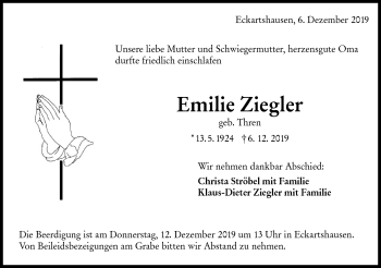 Traueranzeige von Emilie Ziegler von Haller Tagblatt