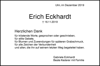 Traueranzeige von Erich Eckhardt von SÜDWEST PRESSE Ausgabe Ulm/Neu-Ulm