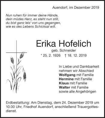 Traueranzeige von Erika Hofelich von NWZ Neue Württembergische Zeitung/Geislinger Zeitung