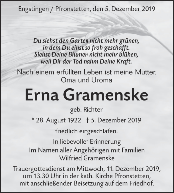 Traueranzeige von Erna Gramenske von Alb-Bote/Metzinger-Uracher Volksblatt