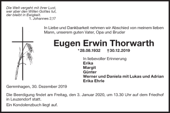 Traueranzeige von Eugen Erwin Thorwarth von Hohenloher Tagblatt