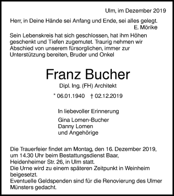 Traueranzeige von Franz Bucher von SÜDWEST PRESSE Ausgabe Ulm/Neu-Ulm