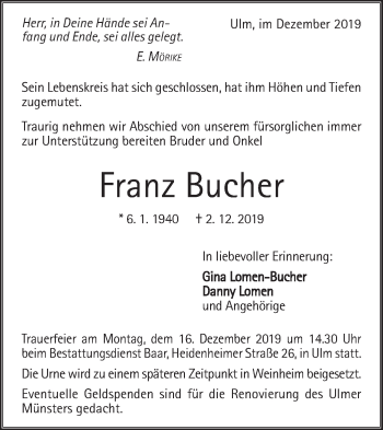 Traueranzeige von Franz Bucher von Geislinger Zeitung