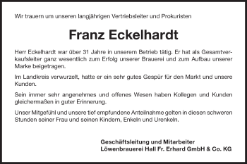 Traueranzeige von Franz Eckelhardt von Hohenloher Tagblatt