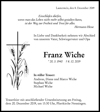 Traueranzeige von Franz Wiche von NWZ Neue Württembergische Zeitung/Geislinger Zeitung