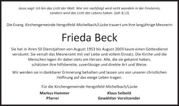 Traueranzeige von Frieda Beck von Hohenloher Tagblatt