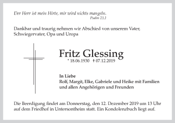 Traueranzeige von Fritz Glessing von Haller Tagblatt