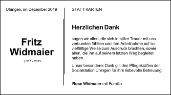 Traueranzeige von Fritz Widmaier von NWZ Neue Württembergische Zeitung