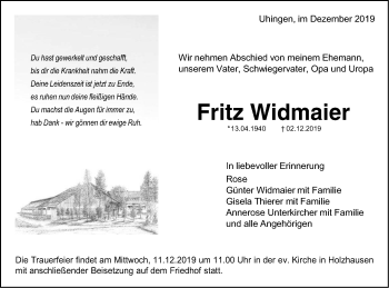 Traueranzeige von Fritz Widmaier von NWZ Neue Württembergische Zeitung