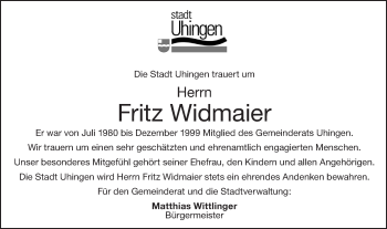 Traueranzeige von Fritz Widmaier von NWZ Neue Württembergische Zeitung