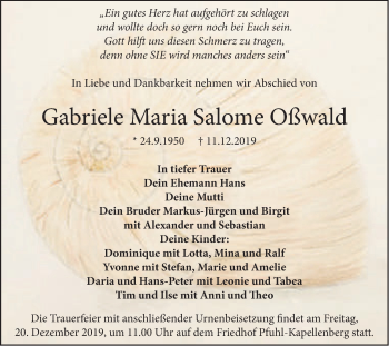 Traueranzeige von Gabriele Maria Salome Oßwald von SÜDWEST PRESSE Ausgabe Ulm/Neu-Ulm