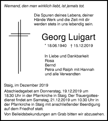 Traueranzeige von Georg Luigart von SÜDWEST PRESSE Ausgabe Ulm/Neu-Ulm