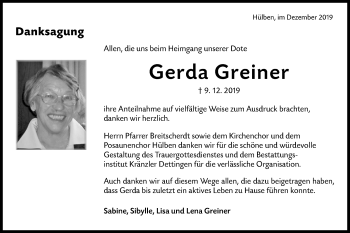 Traueranzeige von Gerda Greiner von Alb-Bote/Metzinger-Uracher Volksblatt