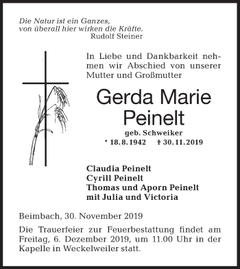 Traueranzeige von Gerda Marie Peinelt von Hohenloher Tagblatt