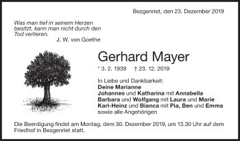 Traueranzeige von Gerhard Mayer von NWZ Neue Württembergische Zeitung