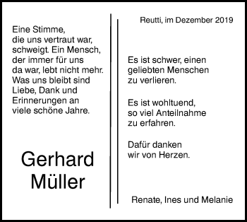 Traueranzeige von Gerhard Müller von SÜDWEST PRESSE Ausgabe Ulm/Neu-Ulm