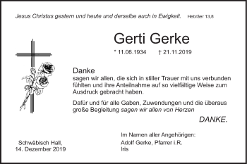 Traueranzeige von Gerti Gerke von Haller Tagblatt