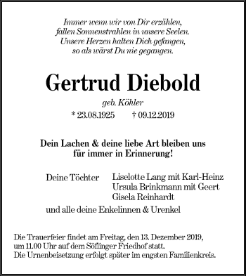 Traueranzeige von Gertrud Diebold von SÜDWEST PRESSE Ausgabe Ulm/Neu-Ulm