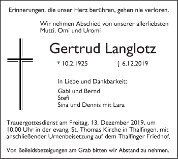 Traueranzeige von Gertrud Langlotz von SÜDWEST PRESSE Ausgabe Ulm/Neu-Ulm