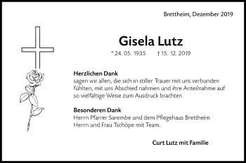 Traueranzeige von Gisela Lutz von Hohenloher Tagblatt