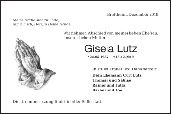 Traueranzeige von Gisela Lutz von Hohenloher Tagblatt