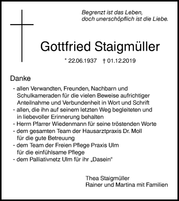 Traueranzeige von Gottfried Staigmüller von SÜDWEST PRESSE Ausgabe Ulm/Neu-Ulm