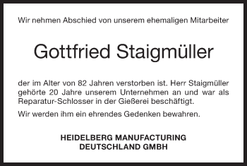 Traueranzeige von Gottfried Staigmüller von Geislinger Zeitung