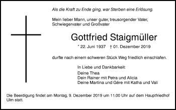 Traueranzeige von Gottfried Staigmüller von SÜDWEST PRESSE Ausgabe Ulm/Neu-Ulm