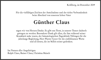 Traueranzeige von Günther Claus von Metzinger-Uracher Volksblatt