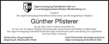 Traueranzeige von Günther Pfisterer von Haller Tagblatt