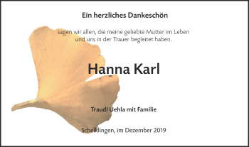 Traueranzeige von HAnna Karl von SÜDWEST PRESSE Ausgabe Ulm/Neu-Ulm