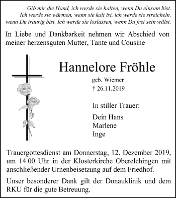 Traueranzeige von Hannelore Fröhle von SÜDWEST PRESSE Ausgabe Ulm/Neu-Ulm