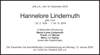 Traueranzeige von Hannelore Lindemuth von NWZ Neue Württembergische Zeitung