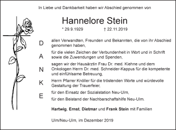 Traueranzeige von Hannelore Stein von SÜDWEST PRESSE Ausgabe Ulm/Neu-Ulm