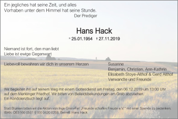 Traueranzeige von Hans Hack von SÜDWEST PRESSE Ausgabe Ulm/Neu-Ulm