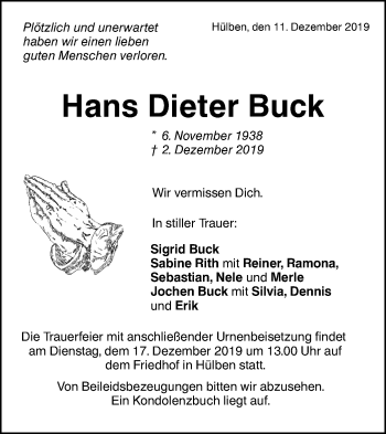 Traueranzeige von Hans Dieter Buck von Metzinger-Uracher Volksblatt