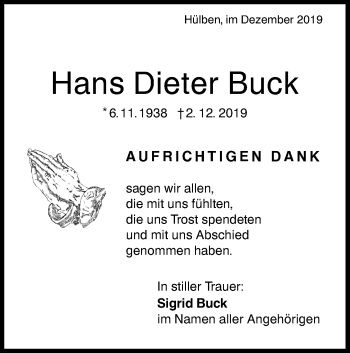 Traueranzeige von Hans Dieter Buck von Metzinger-Uracher Volksblatt