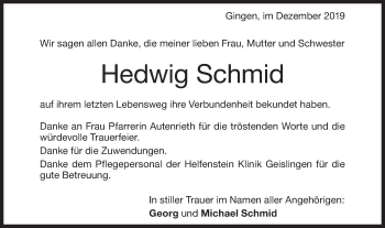 Traueranzeige von Hedwig Schmid von Geislinger Zeitung