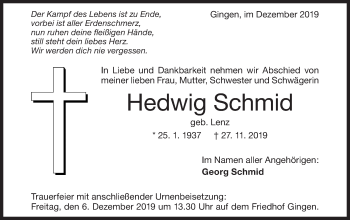 Traueranzeige von Hedwig Schmid von Geislinger Zeitung