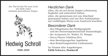 Traueranzeige von Hedwig Schroll von Hohenloher Tagblatt