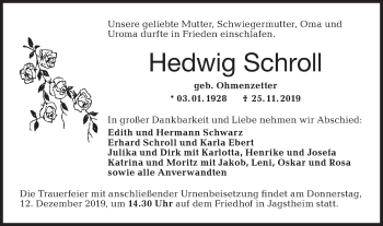 Traueranzeige von Hedwig Schroll von Hohenloher Tagblatt