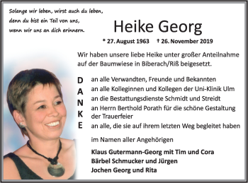 Traueranzeige von Heike Georg von SÜDWEST PRESSE Ausgabe Ulm/Neu-Ulm