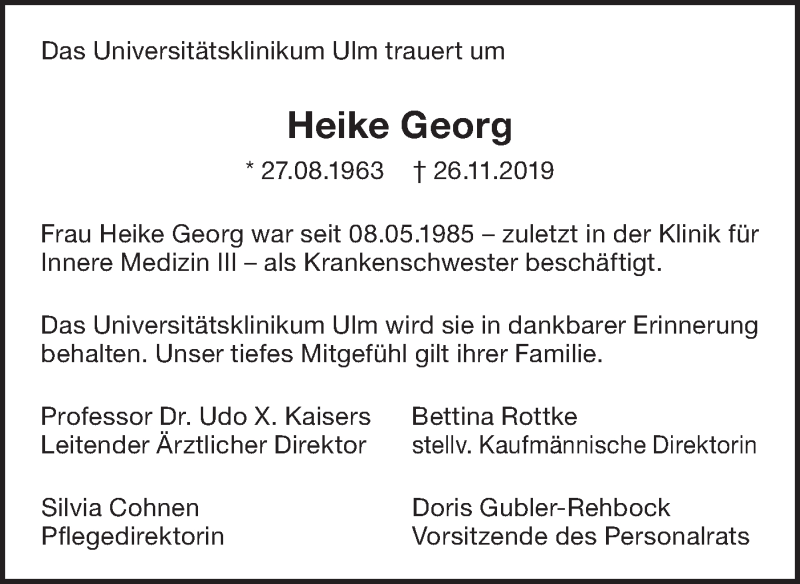  Traueranzeige für Heike Georg vom 05.12.2019 aus SÜDWEST PRESSE Ausgabe Ulm/Neu-Ulm