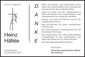 Traueranzeige von Heinz Häfele von Hohenloher Tagblatt