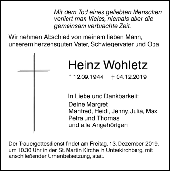 Traueranzeige von Heinz Wohletz von SÜDWEST PRESSE Ausgabe Ulm/Neu-Ulm