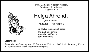 Traueranzeige von Helga Ahrendt von Illertal Bote