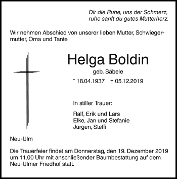 Traueranzeige von Helga Boldin von SÜDWEST PRESSE Ausgabe Ulm/Neu-Ulm