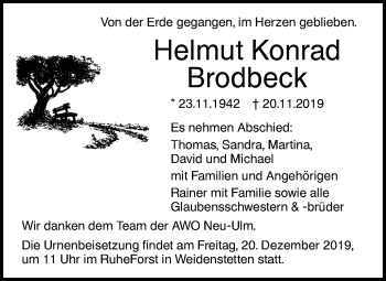 Traueranzeige von Helmut Brodbeck von SÜDWEST PRESSE Ausgabe Ulm/Neu-Ulm