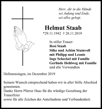 Traueranzeige von Helmut Staab von SÜDWEST PRESSE Ausgabe Ulm/Neu-Ulm