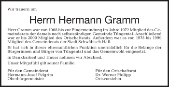 Traueranzeige von Hermann Gramm von Haller Tagblatt